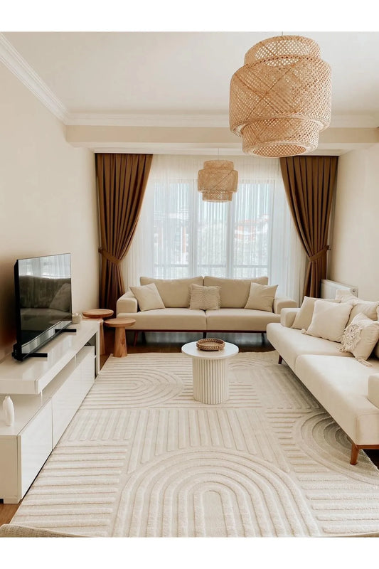 Tapis crème texturé à motifs courbes - 140 x 200 cm