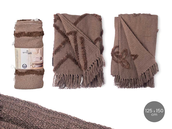 Plaid broderie polyvalente 125 x 150 cm - marron ou beige rosé