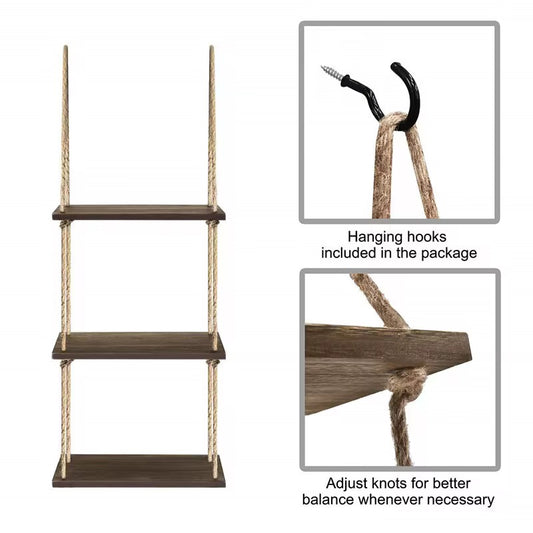 Étagère suspendue bois & corde - 3 niveaux