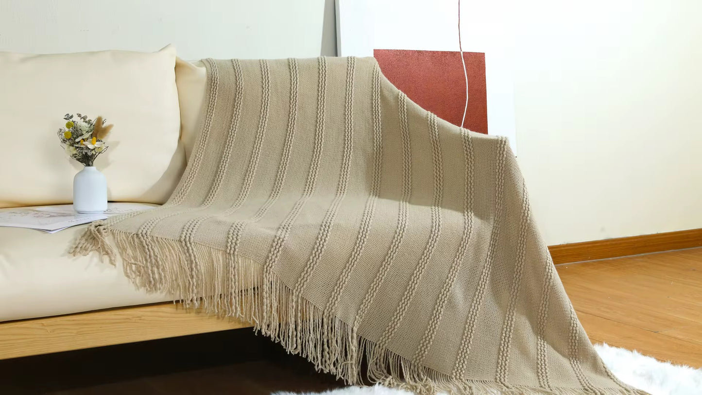 Plaid tricoté rayé Écru Douillet - 172 x 127 cm