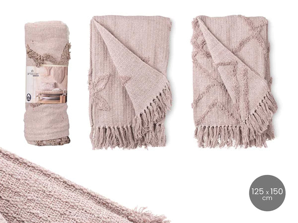 Plaid broderie polyvalente 125 x 150 cm - marron ou beige rosé