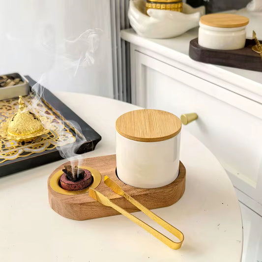 Duo brûleur d’encens & Pot - Bois, Or, Céramique