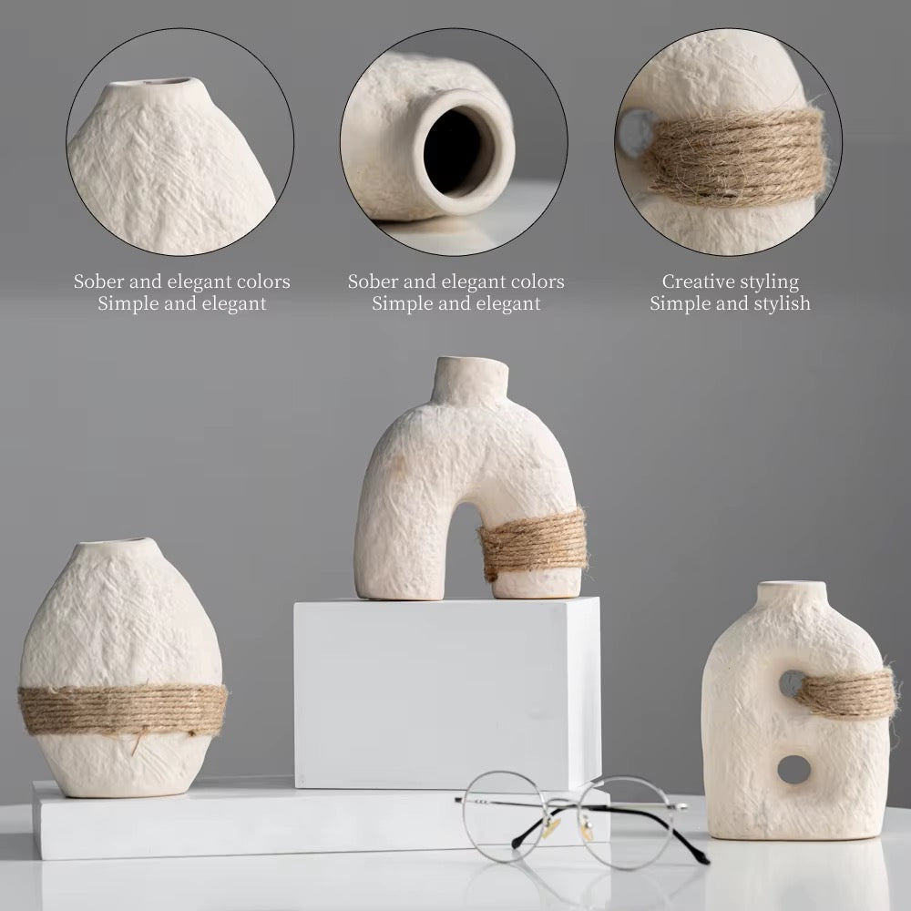 Trio Vases Céramique Texturée Jute