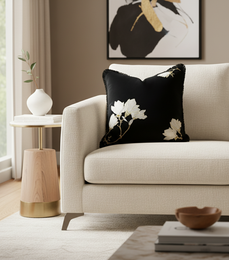Coussin noir fleurs brodées