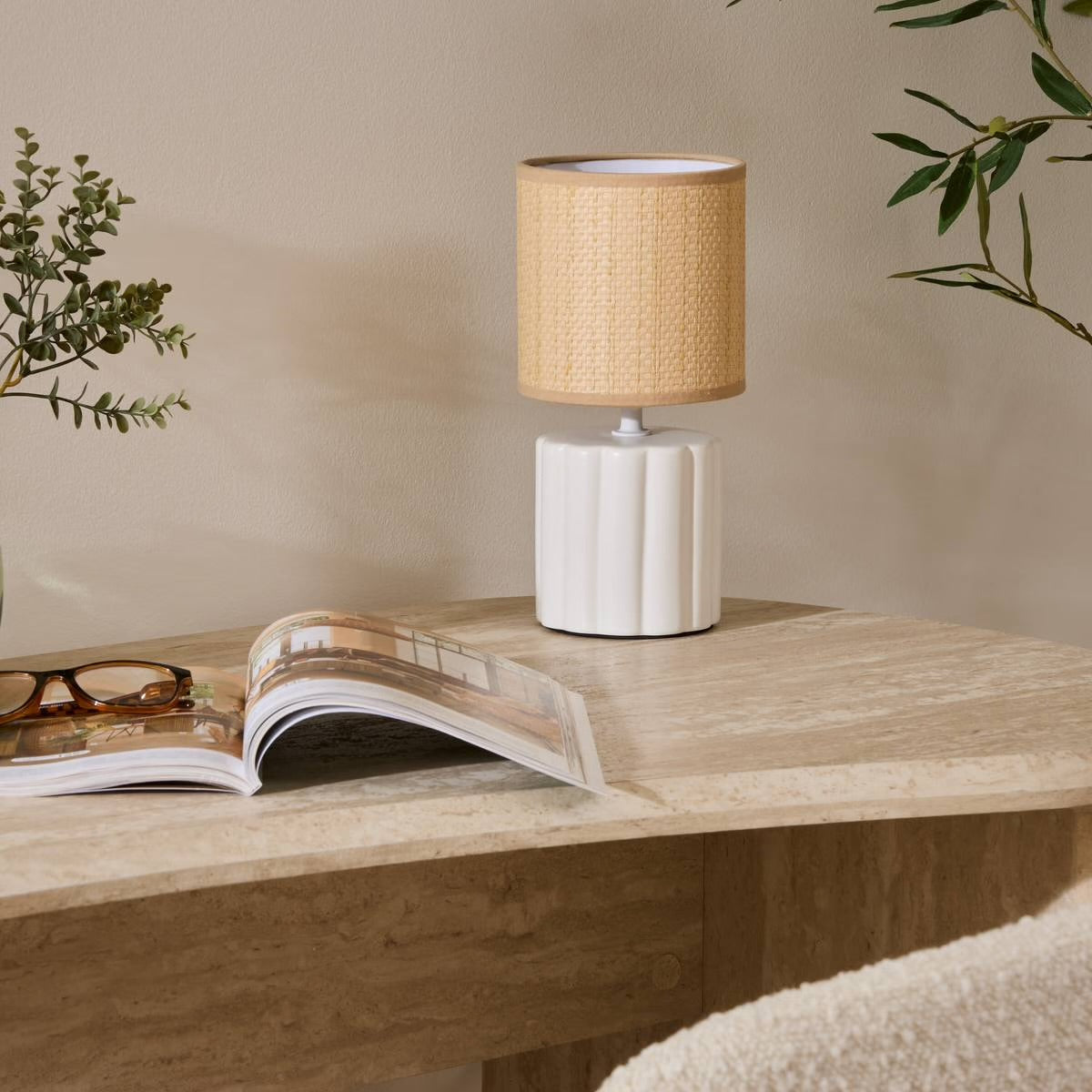 Lampe cylindre Tylia naturel H26 - Blanc