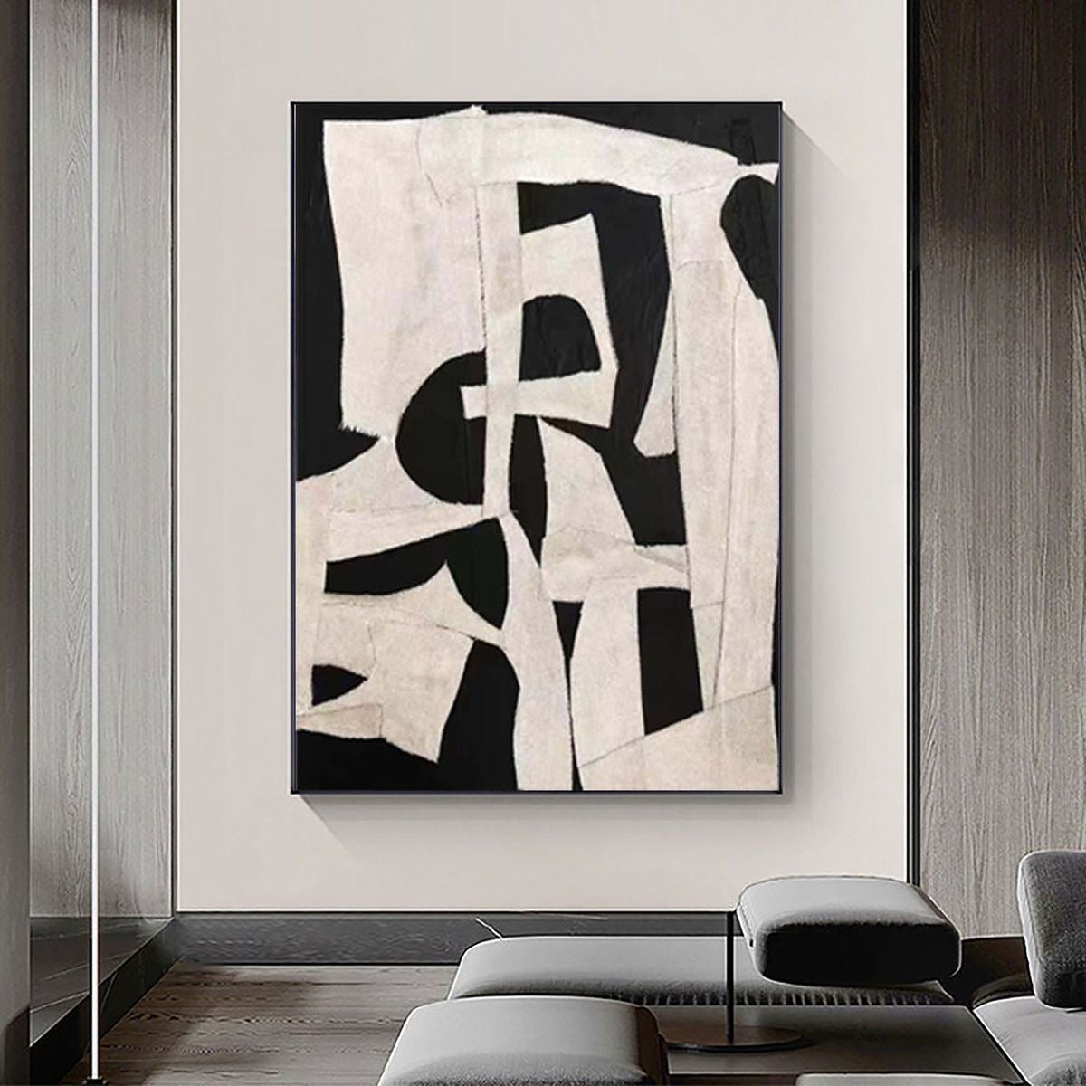 Tableau Abstrait Noir & Beige – 60x90 cm - Collection Wabi Sabi