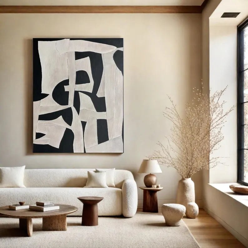 Tableau Abstrait Noir & Beige – 60x90 cm - Collection Wabi Sabi