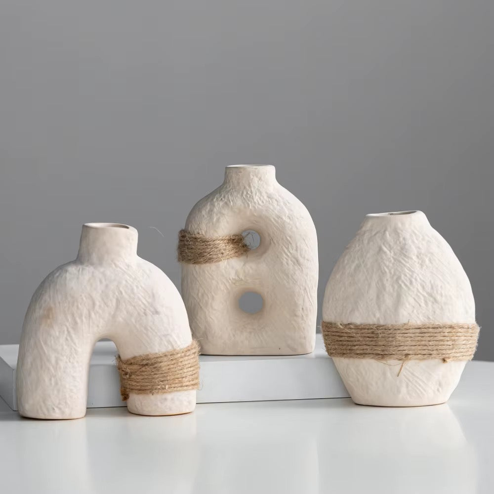 Trio Vases Céramique Texturée Jute