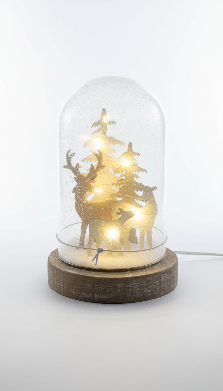 Dôme lumineux de Noël bois et verre – Cerfs enneigés