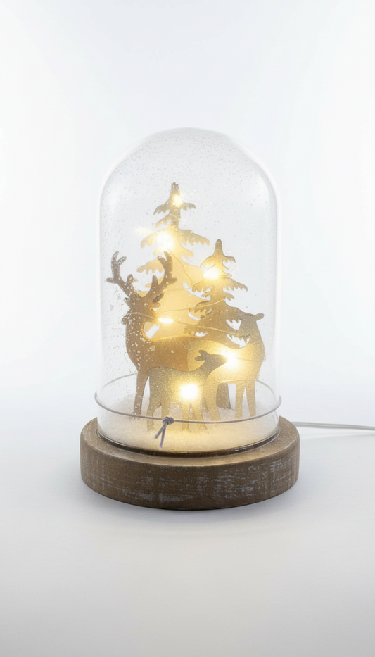 Dôme lumineux de Noël bois et verre – Cerfs enneigés