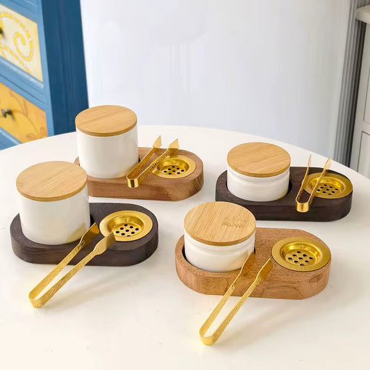 Duo brûleur d’encens & Pot - Bois, Or, Céramique