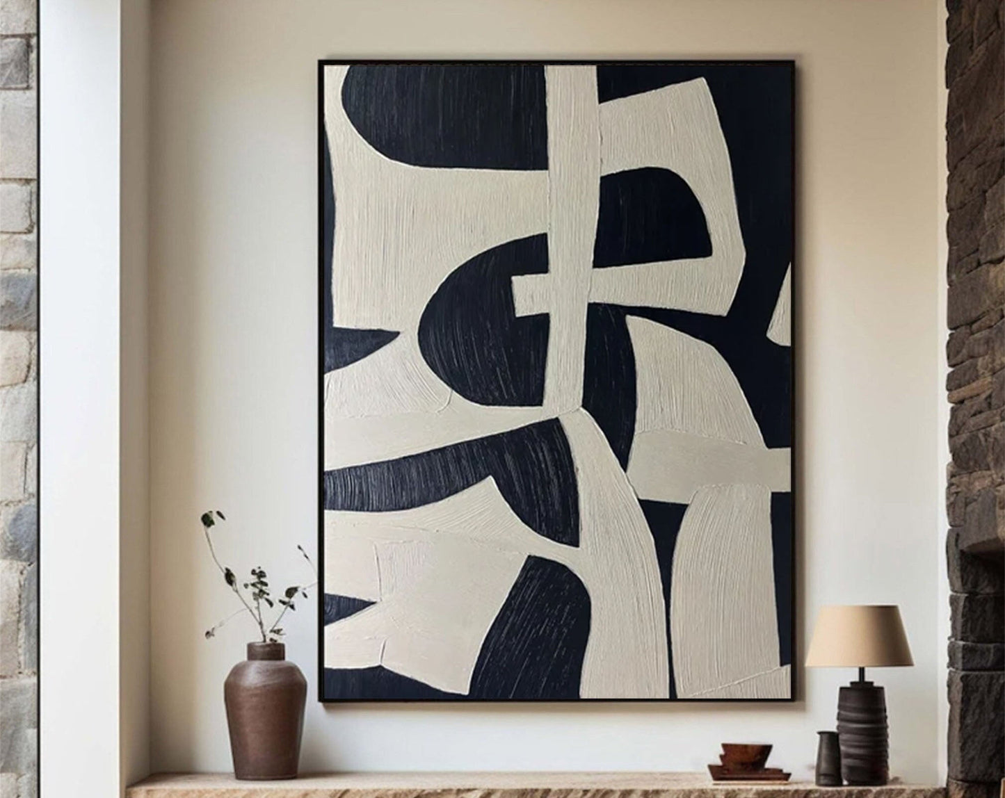 Tableau Abstrait Noir & Beige – 60x90 cm - Collection Wabi Sabi
