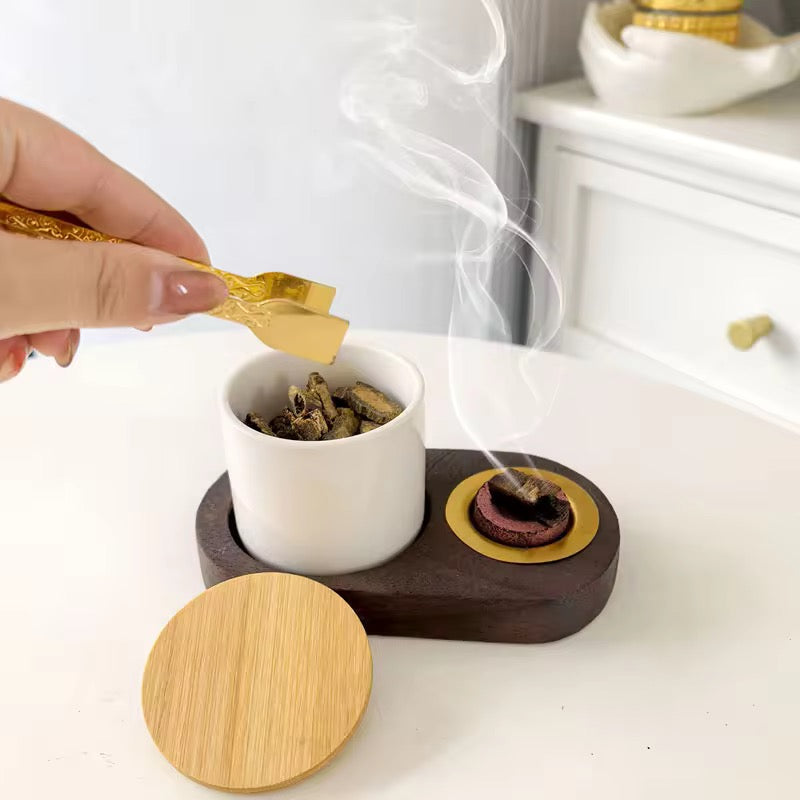 Duo brûleur d’encens & Pot - Bois, Or, Céramique