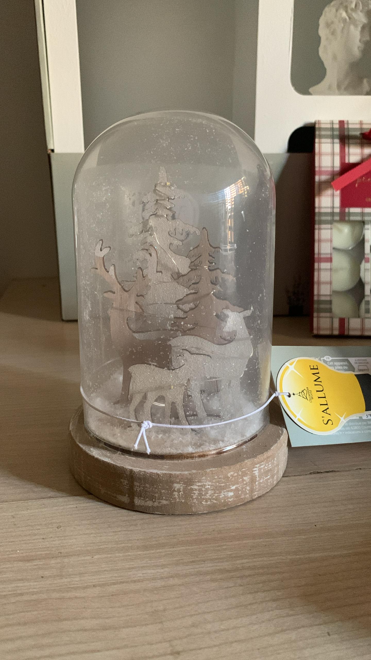 Dôme lumineux de Noël bois et verre – Cerfs enneigés