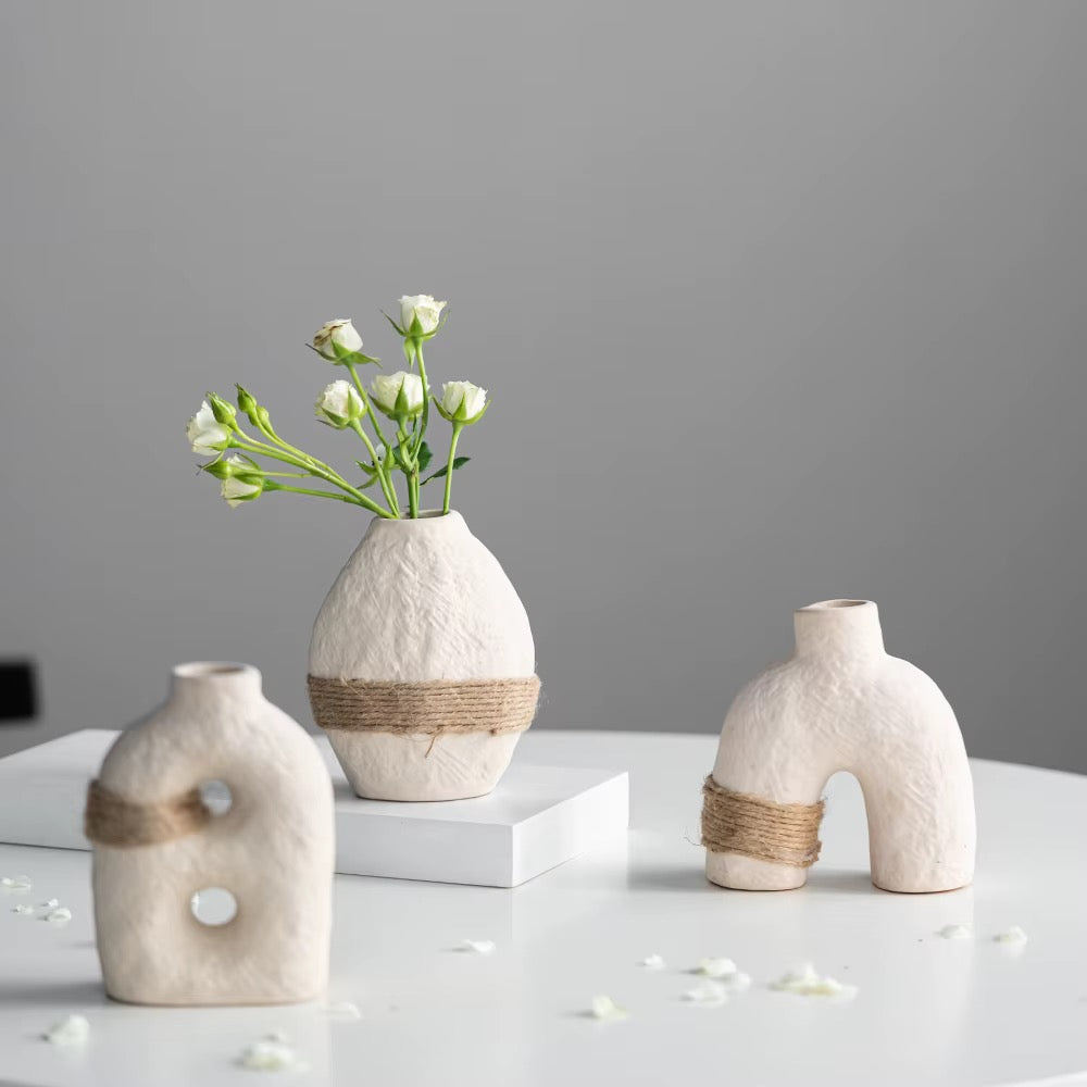 Trio Vases Céramique Texturée Jute