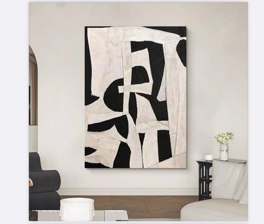 Tableau Abstrait Noir & Beige – 60x90 cm - Collection Wabi Sabi