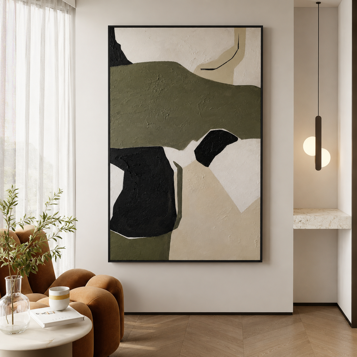 Tableau abstrait texturé Kaki 60 x 90 cm