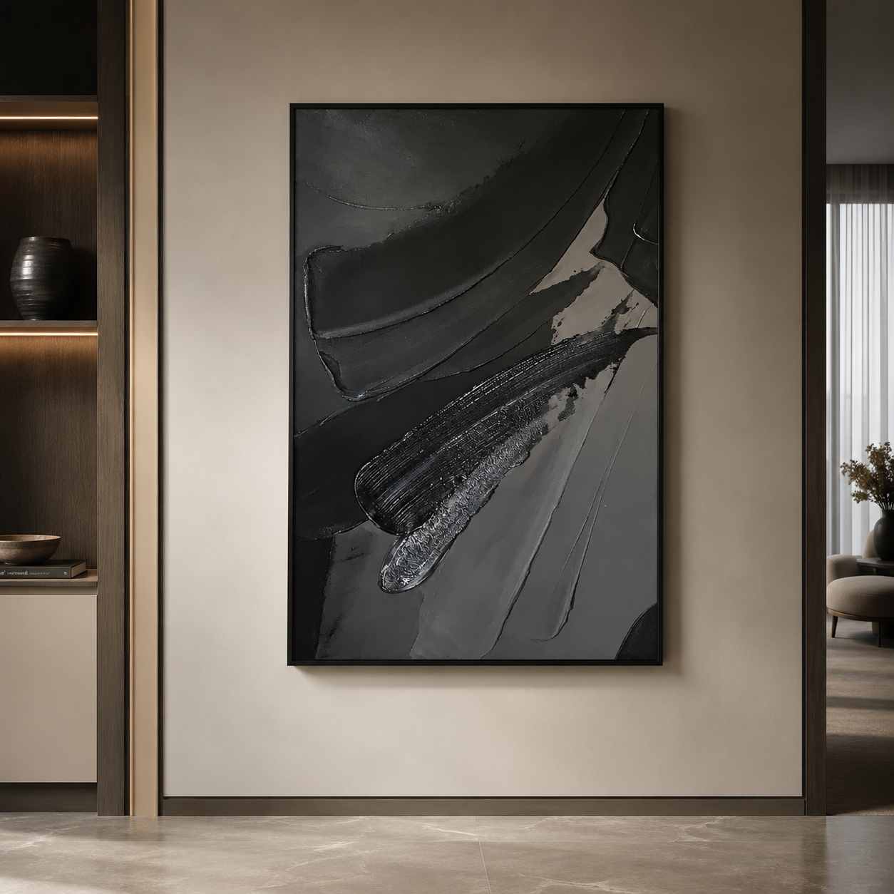 Tableau abstrait texturé noir 60 x 90 cm