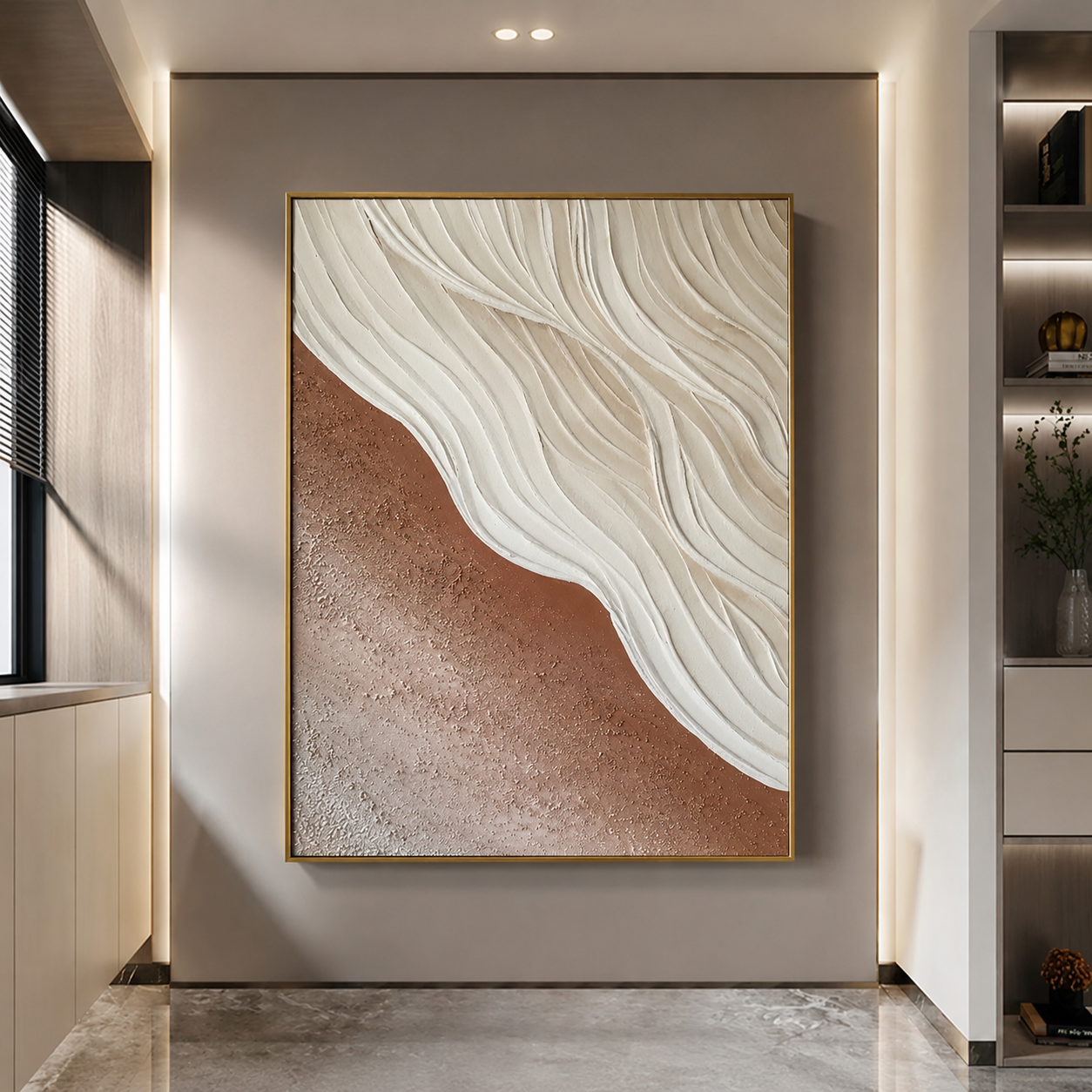 Tableau texturé abstrait terracotta et écru 60 x 90 cm
